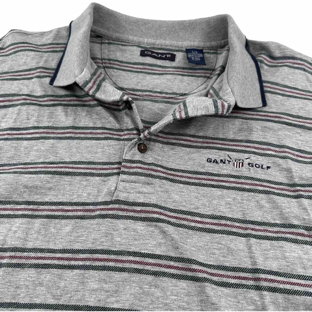 VTG Gant Golf USA Polo Shirt Men‎ Size Large Gray Blue Red Stripes Thick Cotton